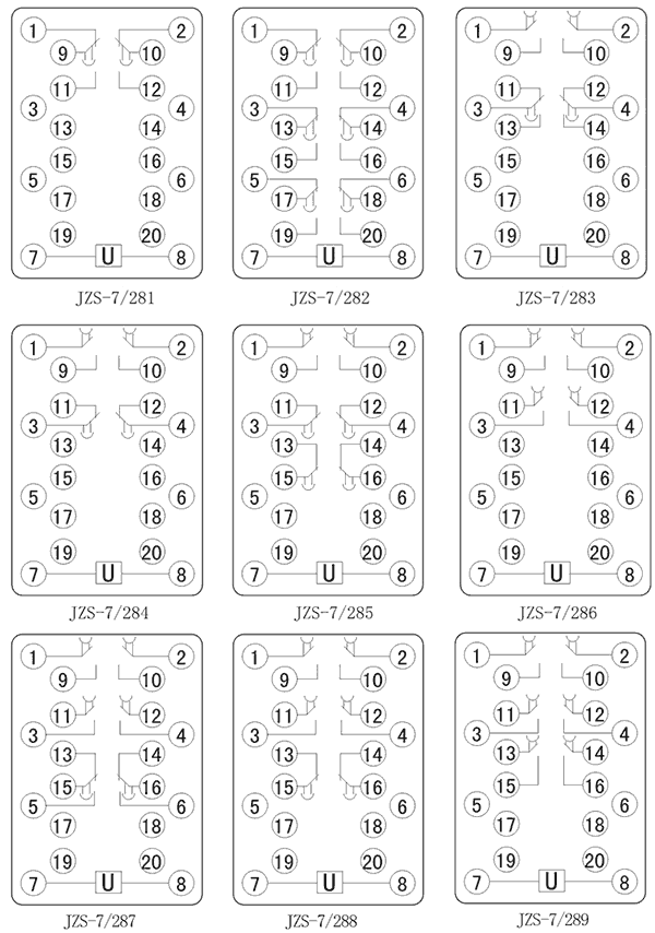 JZS-7/283斷電延時中間繼電器內部接線圖